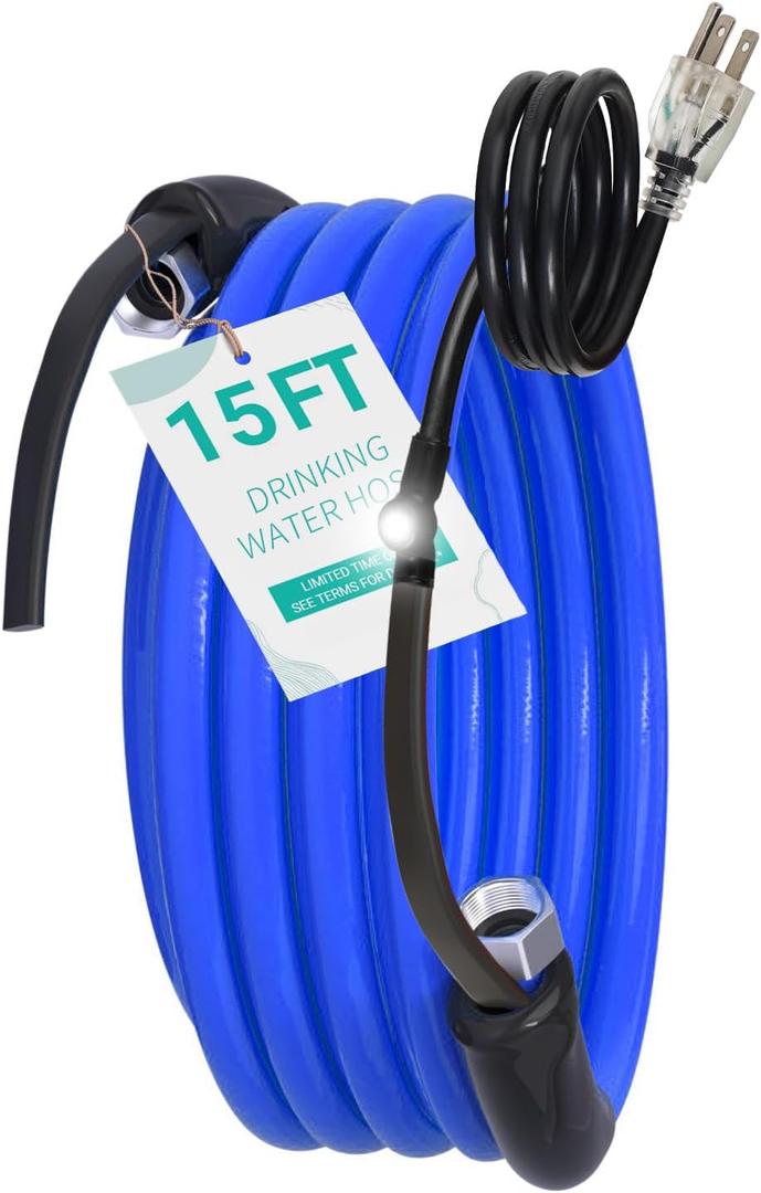 15 FT Heated Drinking Water Hose for RV Camper, NSF 372 Certified Garden Hose with Automatic Thermostat, Antifreeze Protection to -40F, GFCI Protection, 5/8" ID, 3/4" GHT Adapter