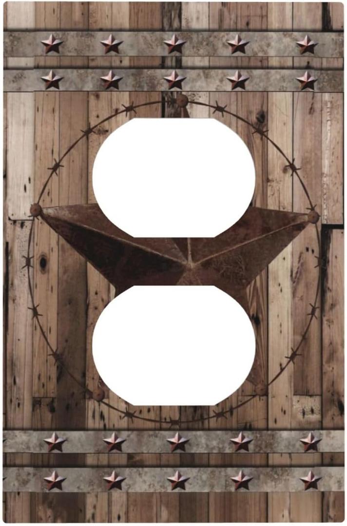 Vintage Cabin Retro Rustic Brown Wood Texas Star 1 Gang Duplex Receptacle Wall Plate Farmhouse Western Kitchen Country Decorative Decorator Light Switch Plug Socket Face Plate Electrical Outlet Cover