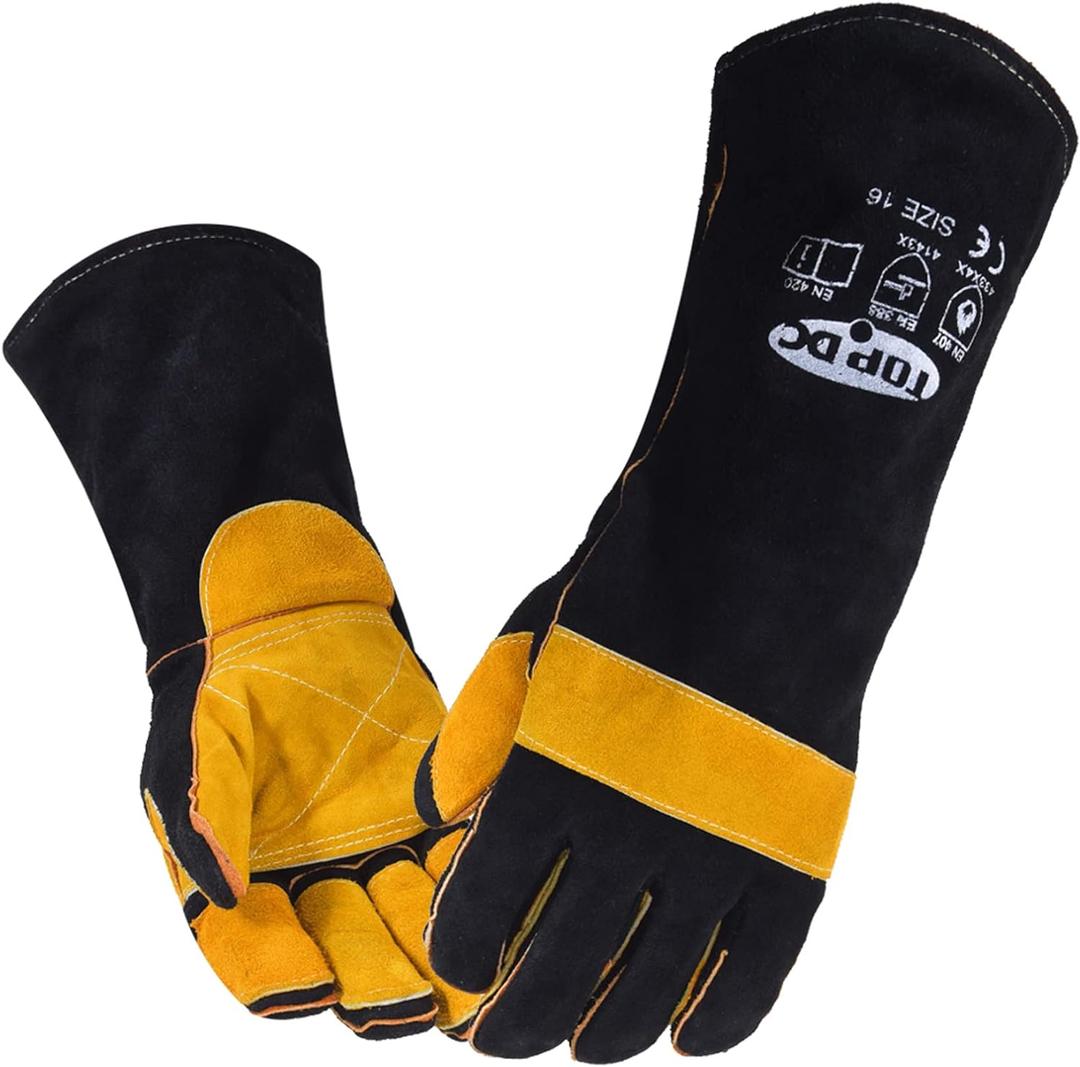 TOPDC Welding Gloves 16 Inches 932 Fire/Heat Resistant Leather Welding Gloves For Mig, Tig, Stick, Forge, BBQ, Grill, Fireplace, Wood Stove, Furnace, Oven, Animal Handling for Safe, Loving Pet Care