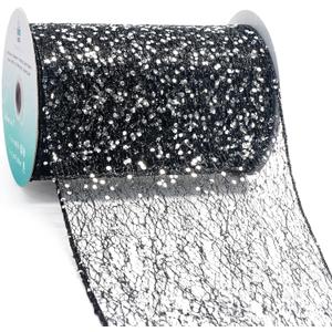 CT CRAFT LLC Sparkling Glitter Mesh Wired Ribbon 6" x 10 Yards Black for Christmas Home Decor Bow Gift Wrapping DIY Crafts Wreath