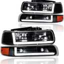 LED DRL Headlight Assembly, Headlights Kit Compatible with 1999-2002 Chevy Silverado 1500 2500/2001-2002 Silverado 1500HD 2500HD 3500HD Replacement Headlamp Black Housing Amber Reflector