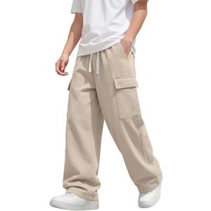 Boys Uniform Cargo Pants Cotton Baggy Chino Pants Teen School Dress Trousers with 4 Pocket (Beige, 10-11Y)