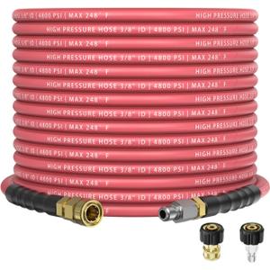 3/8" 4800PSI Pressure Washer Hose 50FT with 360 Swivel Quick Connect, Flexible & Kink Resistant Steel Wire Braided & Durable for Hot/Cold Water, High Power Washer Hose With M22 14mm Adapter (Red)