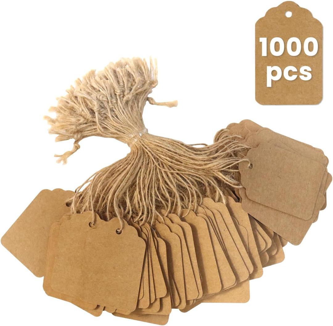 Brown Price Tags with String 1000 PCS, 1.375 x 2.125 Inches, Goefun Kraft Paper Hang Tags for Gift Bags, Hanging, Clothing, Jewelry, Garage/Yard Sale, Inventory, 250 GSM
