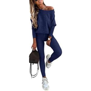CHICME 2 Piece Lounge Outfit Long Sleeve Knit Pullover Tops Drawstring Pants Set Tracksuit Sweatsuit (Blue,Small)