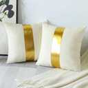 Artscope White Beige Velvet Throw Pillow Covers with Gold Leather Stitching Luxury Modern Minimalist Square Pillowcase Cushion Covers for Bed Couch Sofa 22x22Inch Set of 2