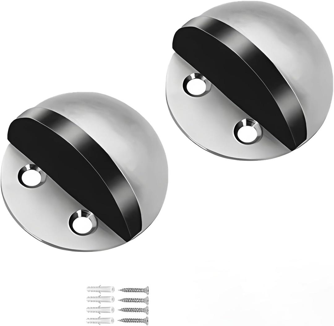 2 Pack Door Stoppers, Adhesive Floor Door Stops No Drill Stainless Steel Door Stoppers for Bottom of Door Doorstop Wall Protector with Rubber Bumper, Brushed Nickel