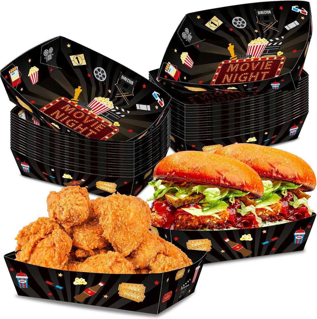 No Folding Required 50 Pack Movie Night Snack Tray 2 Lbs Large Disposable Paper Food Plates Party Supplies Boat Boxes Basket Container Holder for Burger Fries Hot Dog Taco BBQ Nacho Popcorn