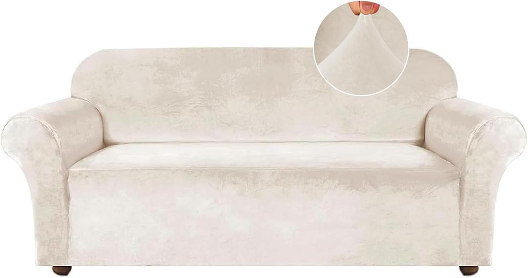 Turquoize Velvet Couch Covers Sofa Covers for 3 Cushion Couch Stretch Sofa Slipcovers with Non Slip Elastic Bottom Furniture Protector for Pets Crafted from Soft Thick Velvet Fabric (Sofa, Ivory)