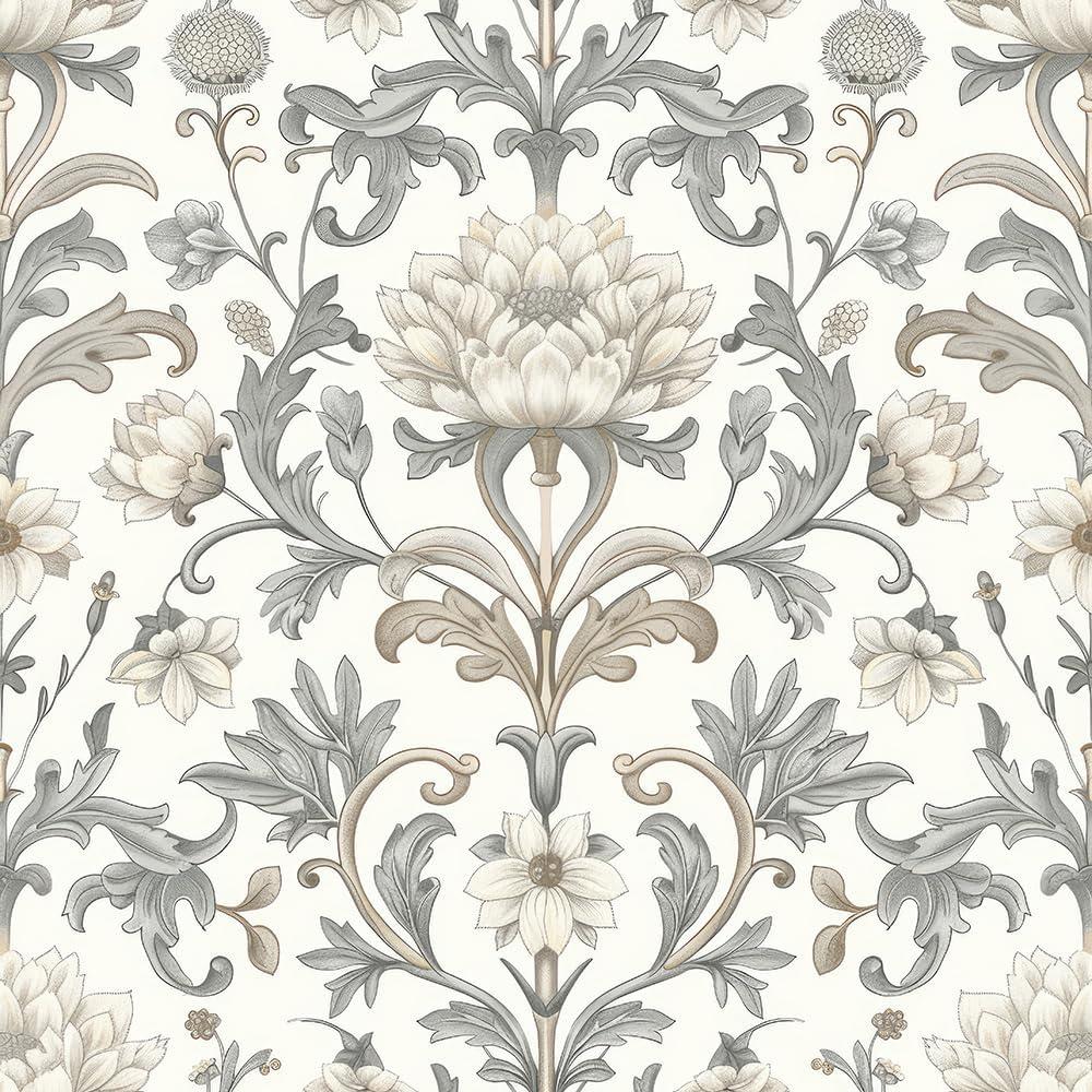 REDAMANCY Vintage White Grey Damask William Morris Flower Peel and Stick Wallpaper Stick on Contact Paper Vintage Wall Paper Easy Peel Off for nightstand Drawer Cabinet Renter (17.7" x 118")