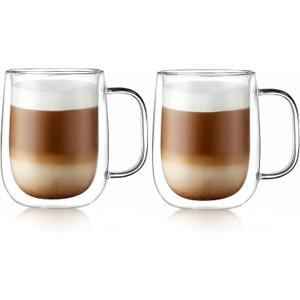 CNGLASS Large Double Wall Glass Coffee Mug 15.2oz,Clear Insulated Glass Espresso Cup with Big Handle, Set Of 2