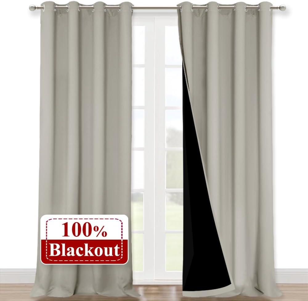 NICETOWN Natural 100% Blackout Curtains for Windows, Pack of 2, 52 inches W x 102 inches L, Super Heavy-Duty Black Lined Total Darkness Drapes for Bedroom, Privacy Assured Window Treatment for Patio