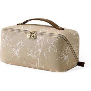 EACHY Travel Makeup Bag, Large Capacity Cosmetic Bags for Women, Waterproof Portable Pouch Open Flat Toiletry Bag Pattern Makeup Bag (F-Brown)