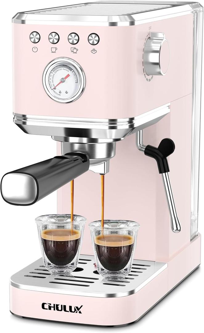 CHULUX Slim Espresso Machine with Milk Frother, 20 Bar Professional Italian Pump Espresso Coffee Machine for Home Cappuccino & Latte Maker, Stainless Steel, Pink