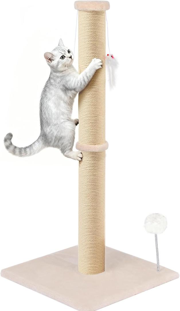 Peluomoz 36 Inch Tall Cat Scratching Post – Sisal Cat Scratcher for Indoor Cats, Large Vertical Scratch Post, Sturdy Cat Scratch Pole Tower, Modern Cat Furniture for Kittens & Adults (Beige)