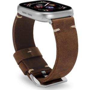 Handmade Double Sided Leather Bands Compatible with Apple Watch Ultra 3/2/1 Band 49mm 46mm 45mm 44mm 42mm 41mm,Men Retro Design Genuine Leather Band For iWatch Series SE 11 10 9 8 7 6 5 4 3 2 1 (Brown/Silver)
