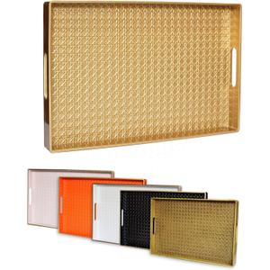 Gold Decorative Coffee Table Tray, Rectangular Plastic Serving Tray with Handles for Living Room, Ottoman, Bathroom, 15.7"*10.2"