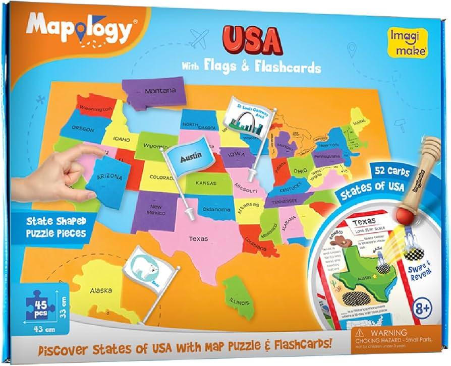 Imagimake Mapology United States Flash Card Puzzle with Flags, Country- Capitals | Educational Toy for Kids Ages 5-8 | Learn Geography Puzzles for kids Ages 6-9 | Birthday Gift for Boys & Girls 5-8-10
