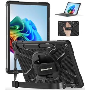 BRAECNstock Case for Microsoft Surface Pro 12 inch 1st Edition 2025, Rugged Protective with Rotating Hand Strap & Stand, Shoulder Strap, Pencil Holder, Compatible with Type Cover Keyboard, Black