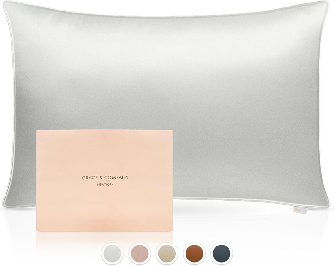 Grace & Company Silky Satin Pillowcase for Hair & Skin, Oeko-Tex Certified Satin Silk Pillowcase with Zipper - Ultra Smooth White Pillowcases Standard Size 20”x26” - Snow
