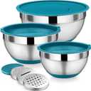 P&P CHEF Mixing Bowl with Lids Set of 3, Stainless Steel Nesting Salad Bowls for Serving Preparing, 3 Grater Attachments & Non-Slip Bottoms, Size 1.5/2.6/4.6 QT, Blue
