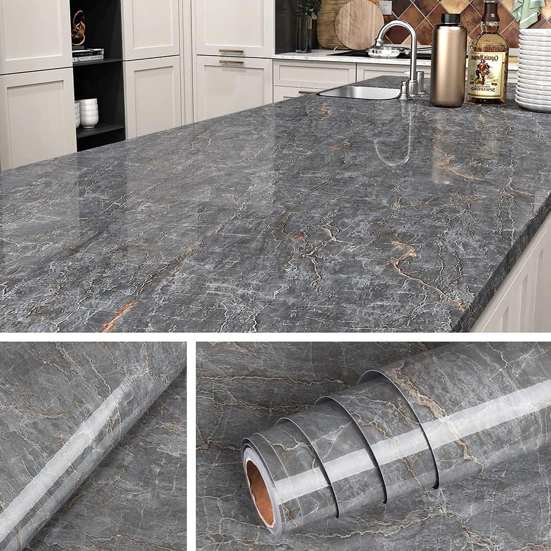 Livelynine 36" X 197" Wide Dark Grey Marble Contact Paper Waterproof Peel and Stick Countertops Marble Wallpaper Kitchen Countertop Vinyl Wrap Marble Countertop Peel & Stick Table Top Dresser Cover (36" x 197", Dark Grey Marble)