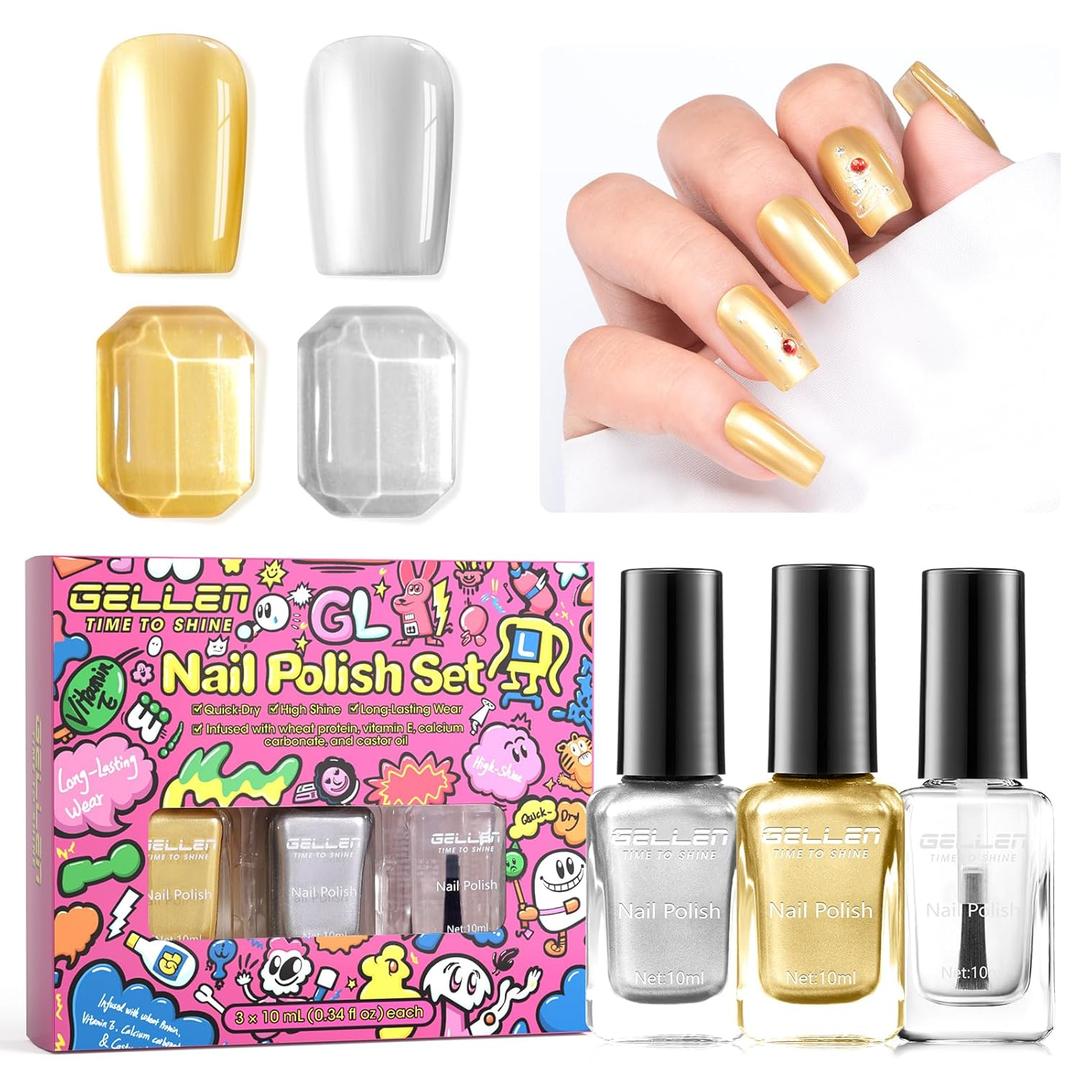 GELLEN Metallic Nail Polish Set, Gold Silver Chrome Mirror Nail Polish with 3-in-1 Base Coat Top Coat Strengthener Polish, Air Dry Nail Lacquer for Finger Toe, Christmas DIY Manicure Gift