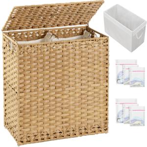 Laundry Hamper with Lid Wicker Laundry Basket 112 L (29.6 Gal) Laundry Hampers Handwoven Rattan Clothes Hamper with Handles 3 Removable Liner Bag, 6 Mesh Bags for Bathroom Bedroom Natural