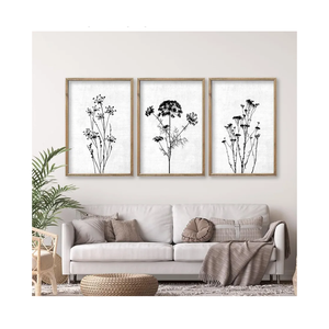Flower Plant Wall Art Decor 16"x11" Set of 3 Black And White Botanical Painting Wood Framed For Minimalist Bedroom Office Rustic Living Room Abstract Wildflower Sign Hanging (Wood White)