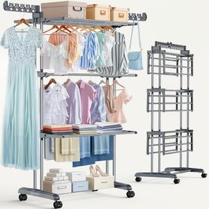 Reinforced Clothes Drying Rack Foldable, 4-Tier Drying Rack with Wheels