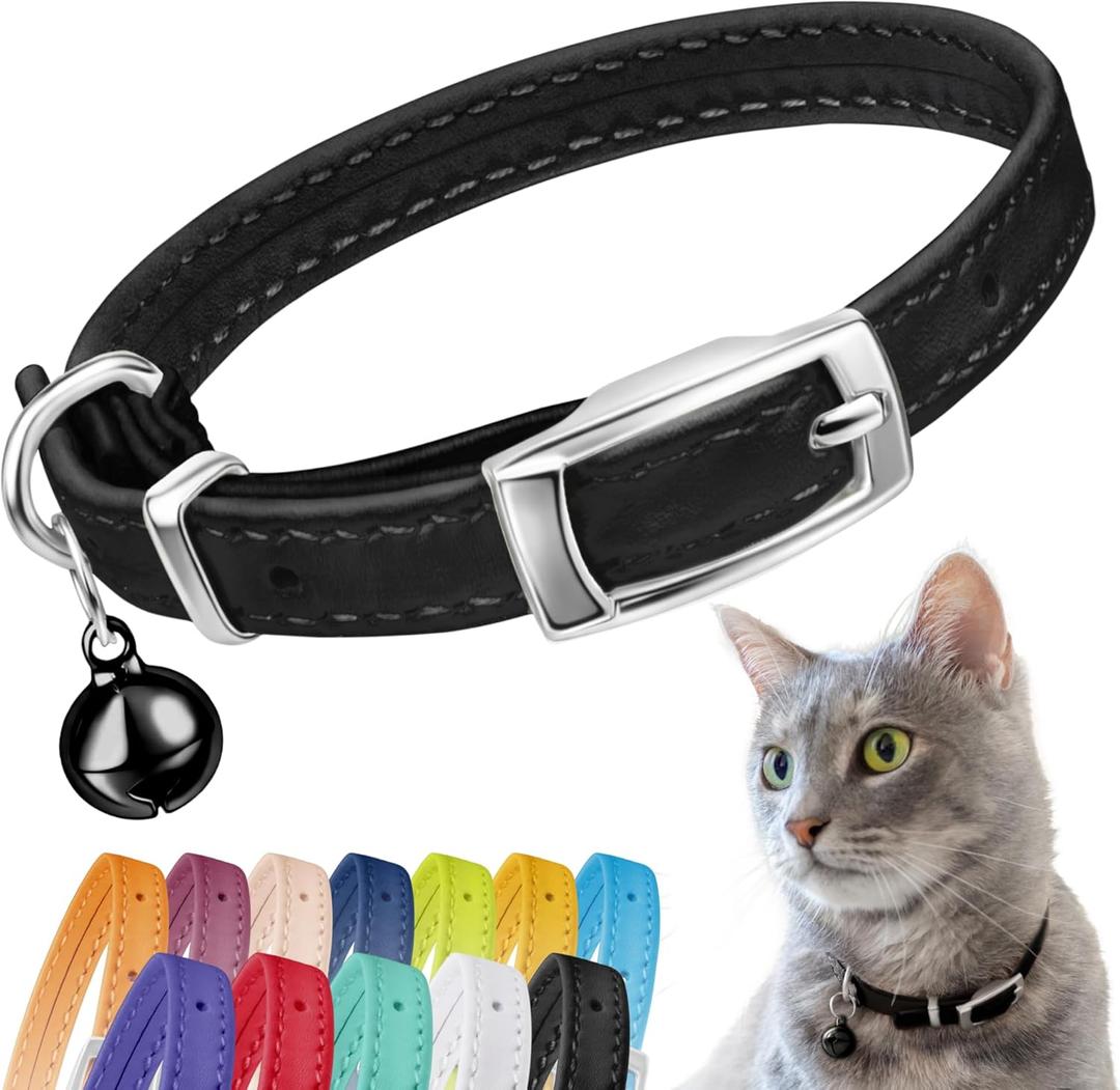 CollarDirect Leather Cat Collar with Removable Bell Safety Elastic Strap (Breakaway Alternative) Kitten Collar for Small & Big Boy & Girl Cats