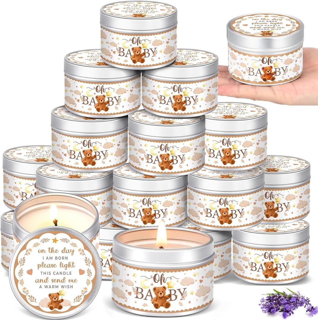 MTLEE 24 Pcs Bear Baby Shower Party Favors Candles Lavender Scented Baby Shower Favors for Guests Rustic Tealights Candles Gender Reveal Return Gifts (4 oz, Brown)