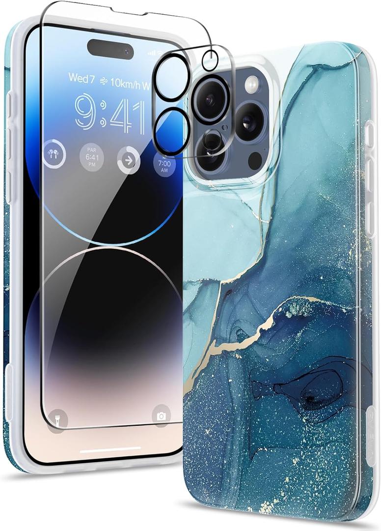 GVIEWIN Marble for iPhone 15 Pro Case, with Screen Protector & Camera Lens Protector, [10FT Military Grade Drop Protection] Slim TPU Phone Case Cover Women for iPhone 15 Pro 6.1" (Navy Blue)