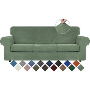 WEERRW 4 Pieces Velvet High Stretch Couch Covers for 3 Cushion Couch Sofa Slipcovers, Washable Furniture Protector with Non Slip Elastic Bottom, Feature Soft Plush Fabric, Greyish Green, Large