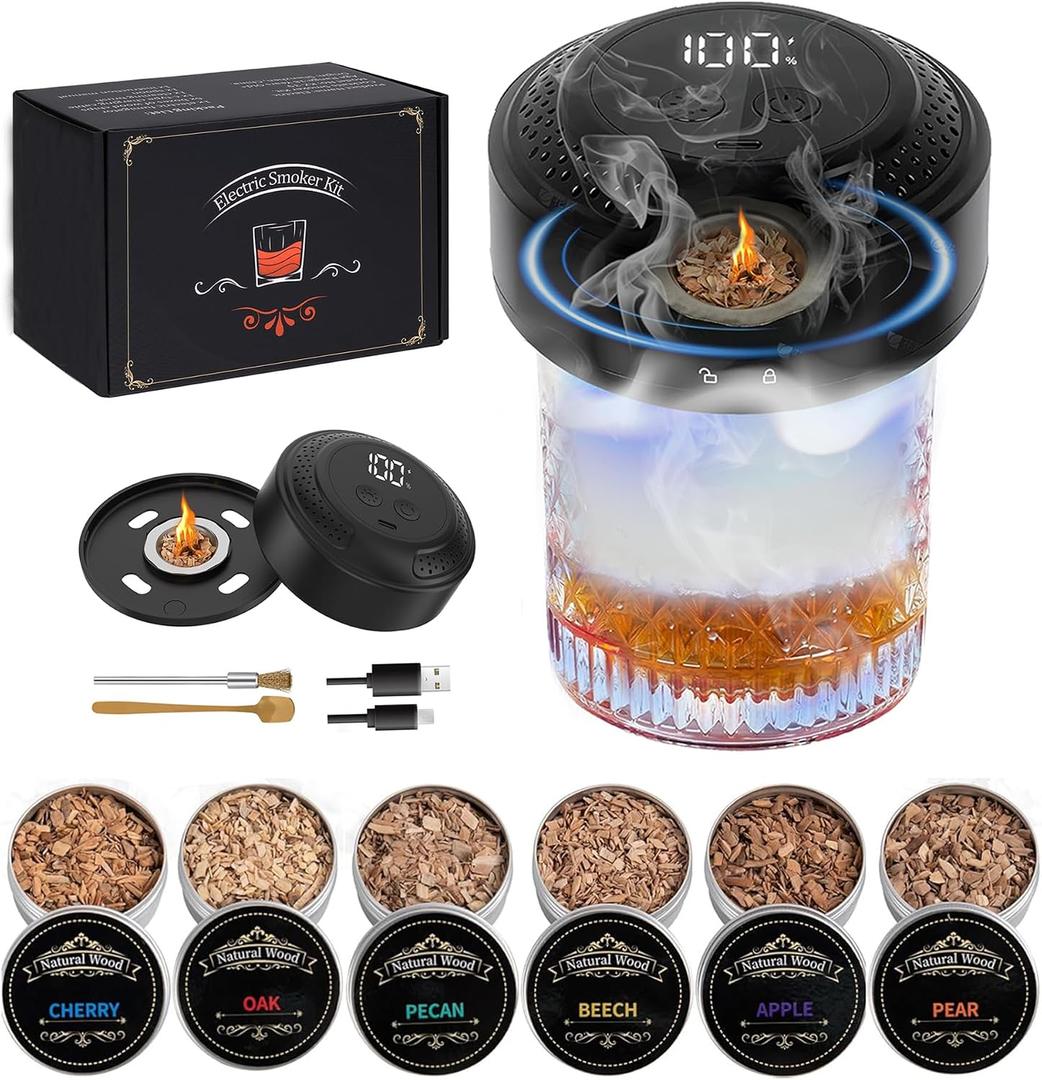 Electric Whiskey Smoker Kit With Light Modes, No Butane Needed, Rechargeable Cocktail Smoker Kit with LED Display & 6 Wood Chips, Old Fashioned Smoker Kit Bourbon Gifts for Men Dad Him