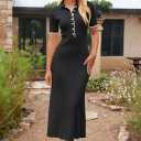 MEROKEETY Women's Spring Summer Ribbed Maxi Dress 2026 Bodycon V Neck Button Short Sleeve Slim Fit Knit Sweater Dresses (Black, XL)