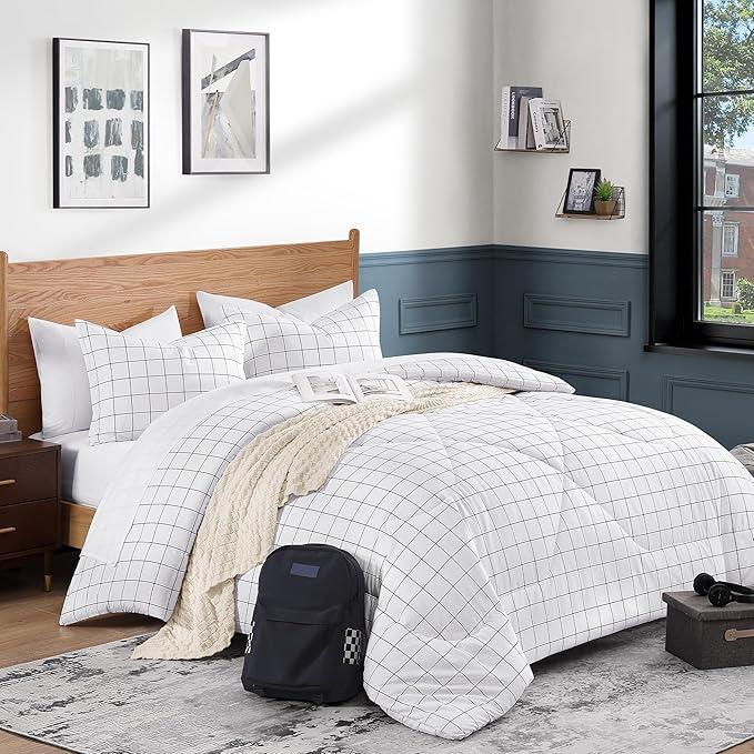 White Grid Comforter Set Queen, 3 Piece Black Line Windowpane Comforter Sets with 2 Pillow Shams, Modern Minimalist Comforte
