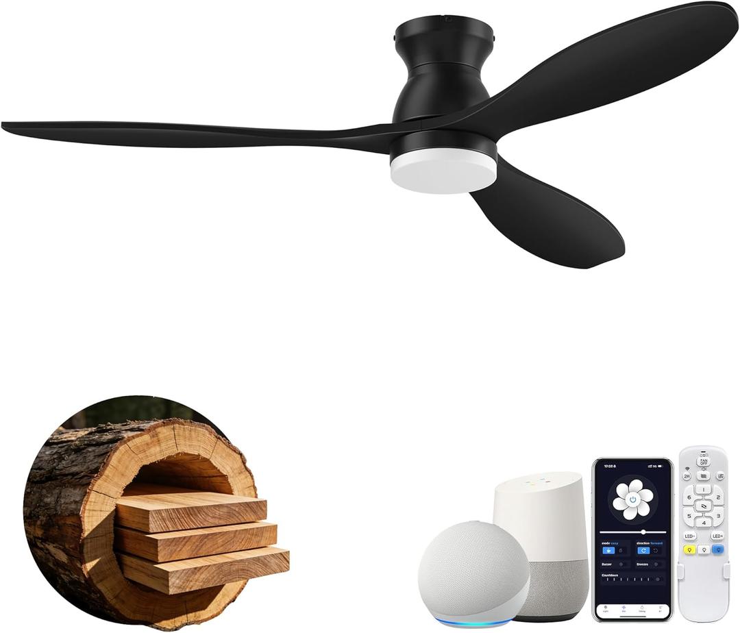 52" Smart Flush Mount Ceiling Fans with Light Remote,Wood,Low Profile,Black | Alexa/App Control,Easy Install,Quiet,Hugger LED Ceiling Fan for Outdoor Indoor Patio Bedroom Living Room,3 Blade,High CFM