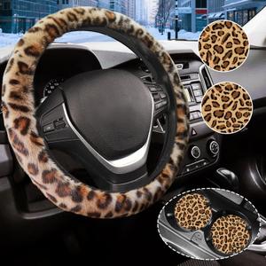 Brown Leopard Print Fuzzy Steering Wheel Cover for Women, Universal Auto Steering Wheel 14-15 Inch Soft Warm Car Interior Accessories with 2PCS Car Coasters, Suitable for Men and Women (one size)
