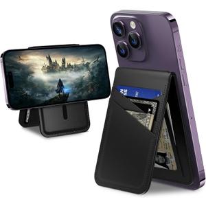TopMade for Mag Safe Wallet Stand, Strongest Magnetic Phone Wallet Card Holder for iPhone 17/16/15/14/13/12 Series, Vegan Leather, RFID Blocking, 5 Card Slots, Open ID Window, Slim, Midnight Black