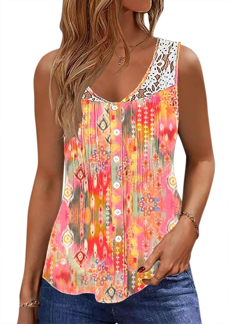 Womens Tank Tops Dressy Casual Summer Lace Sleeveless V Neck Tee Shirts Pleated Front Buttons Blouses, Medium