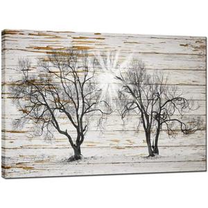 sechars - Rustic Tree Picture Canvas Print Vintage Farmhouse Living Room Decor Rural Countryside Landscape Painting Artwork Framed - 24"x36"