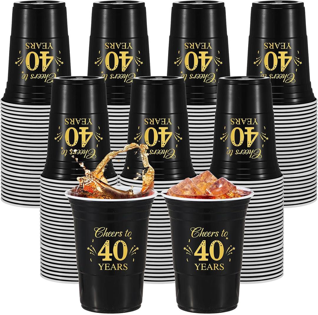 Ziliny 100 Pcs 40th Birthday Plastic Cups Bulk, Cheers to 40 Years 16 oz Disposable Black Gold Cups for Men Women 40th Birthday Wedding Anniversary Party Favors Decoration Hot Cold Drinks Supplies