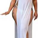Women's Sexy Long Maxi Dresses Summer Casual See Through Round Neck Short Sleeve Sheer Mesh Beach Cover Ups Stretchy Plus Size Swimsuit Split with Fake Diamond, Size Small