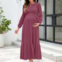 AISWI Women's Maternity Maxi Dress with Belt Long Sleeve Crew Neck Pregnancy Dresses with Pockets Baby Shower Photoshoot (L)