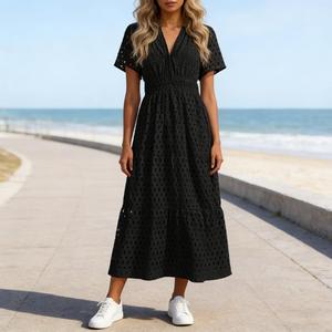 V Neck Cutout Eyelet Pleated Short Sleeve Maxi Dress in 100% Cotton for Women, M