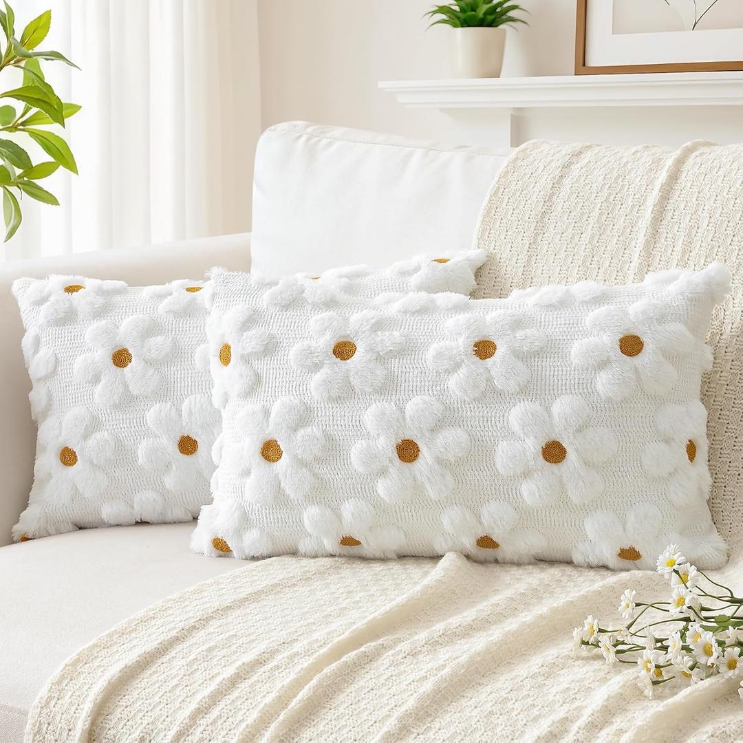 Artscope Spring Summer Pillow Covers 12x20 Set of 2 Decorative Yellow Flower Heart Daisy Throw Pillow Cases Soft Plush Faux Fur Couch Cushion Case for Holiday Farmhouse Sofa Bed Room Home Decor-White