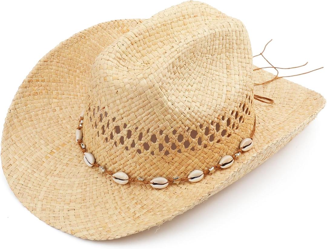 Cowboy Hat for Women with Shapeable Wide Brim - Beach Sun Raffia Straw Western Cowgirl Hat