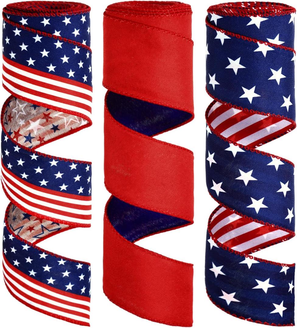 Solsew 3 Rolls Red White and Blue Patriotic Ribbons 250th 4th of July Double Sided 18 Yards 2.5 Inch American Flag Burlap Wired Edge Ribbon for Independence Memorial Day Wreath Party Decor