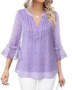 Furnex Womens Shirts Dressy Casual: 3 4 Sleeve Tops - Business Work Blouses - Ladies Work Business Office Attire Elegant Floral V Neck Cute Workout Fancy Chiffon Tunic 2025 Grey Violet L
